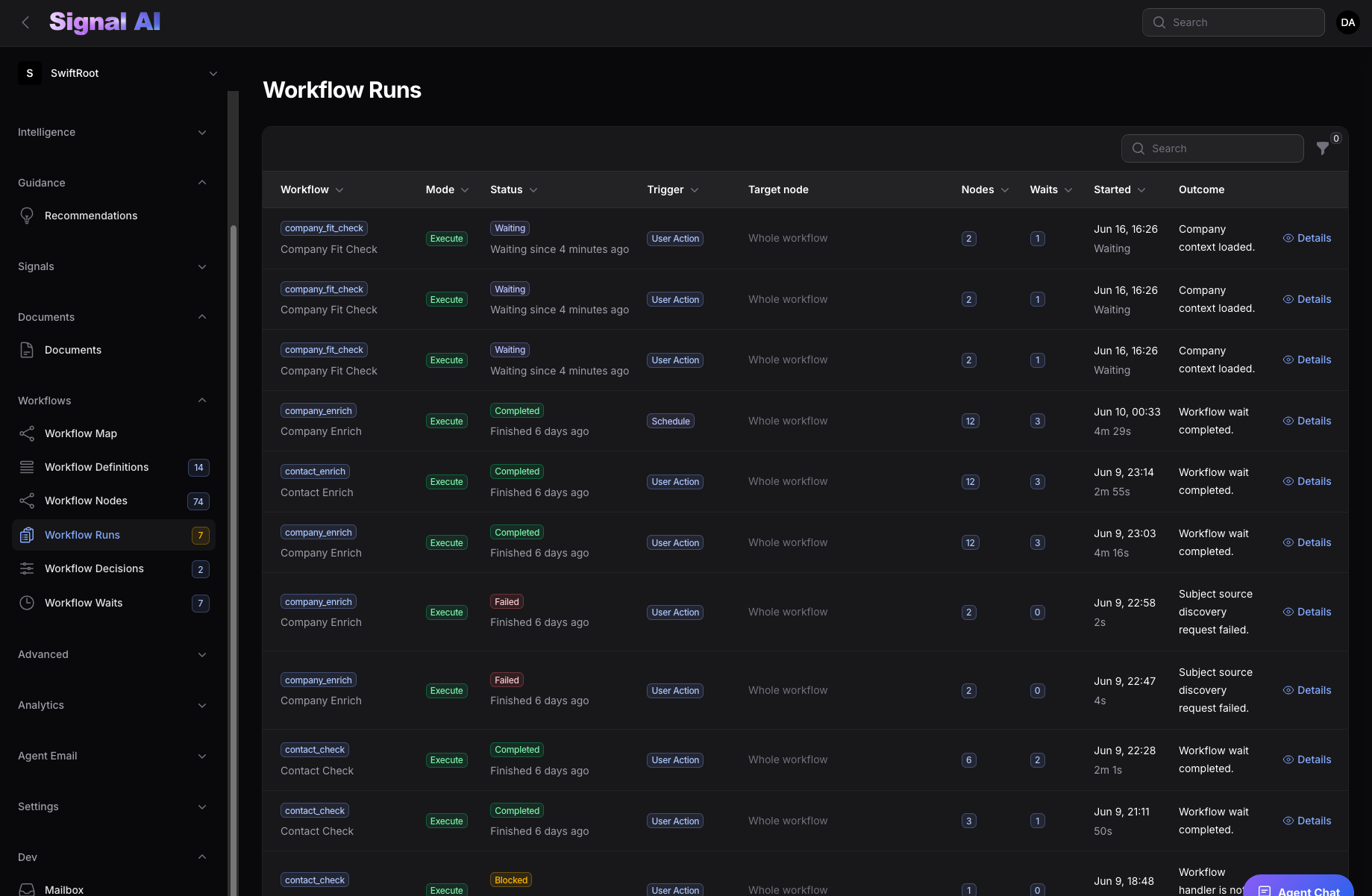 Dark workflow tracking table showing workflow runs, status, waits, triggers, and outcomes